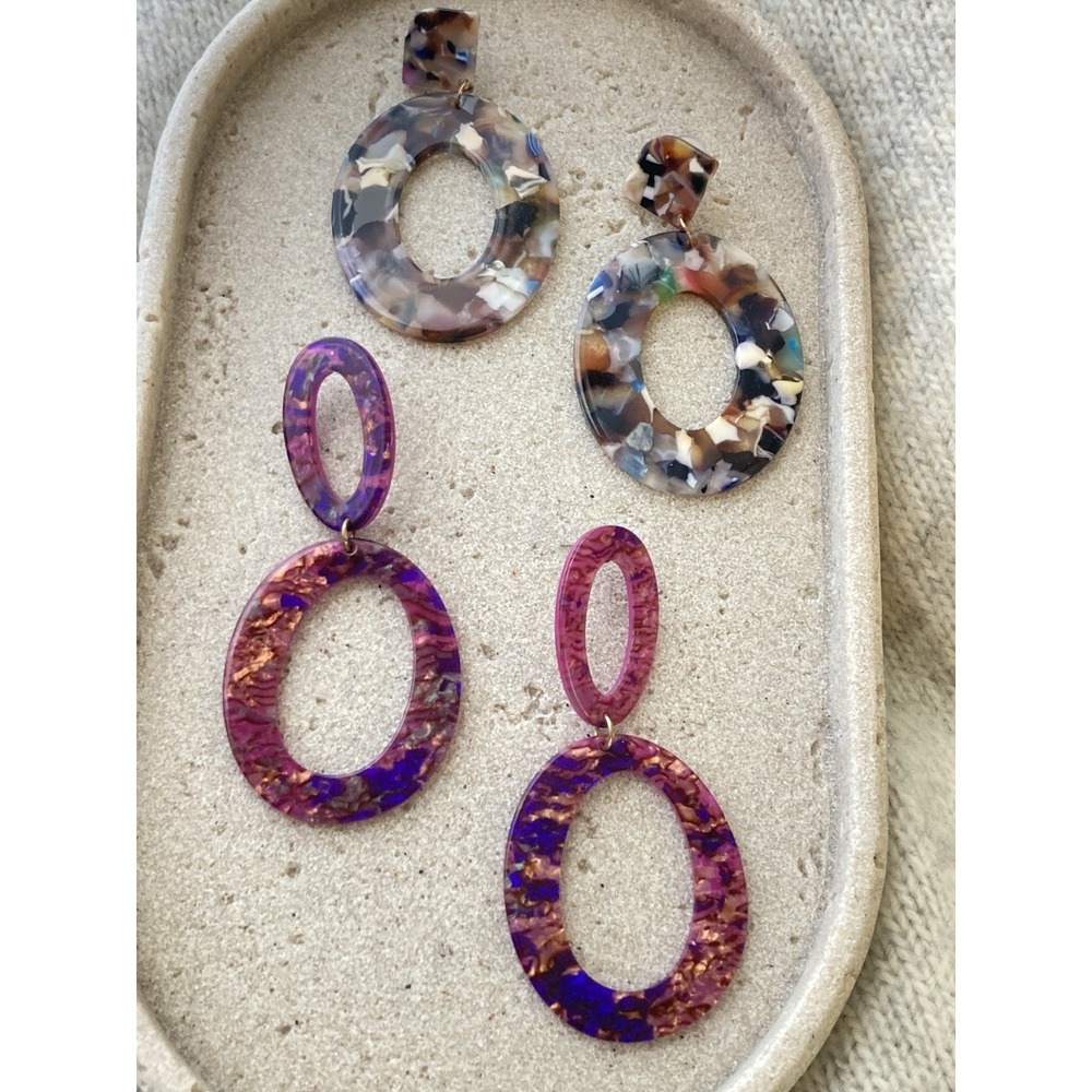 Retro Resin Dangle Earrings Set Of 2 80's Style Open Oval Acrylic Statement‎